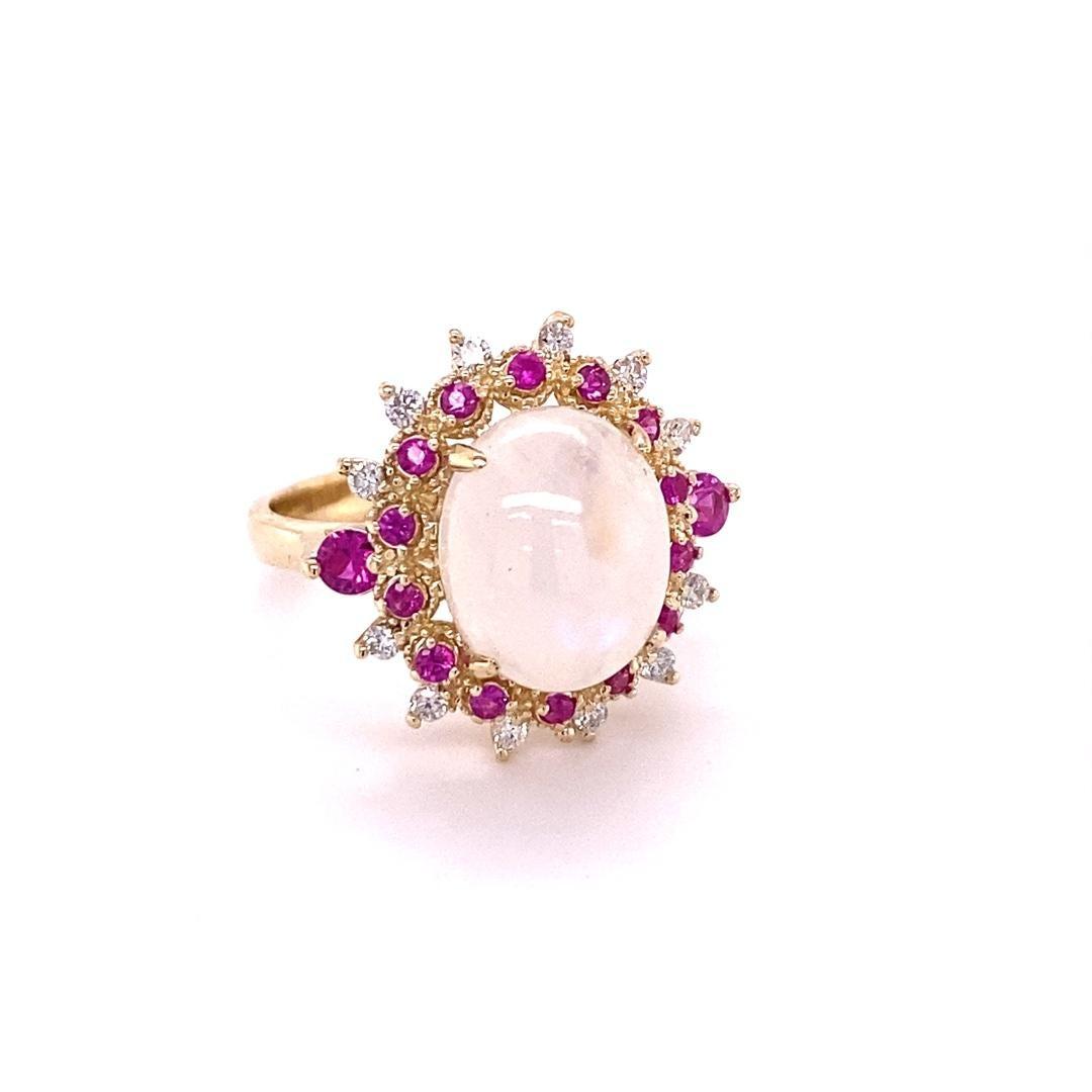 5.58 Carat Natural Moonstone Pink Sapphire Diamond Yellow Gold Cocktail Ring