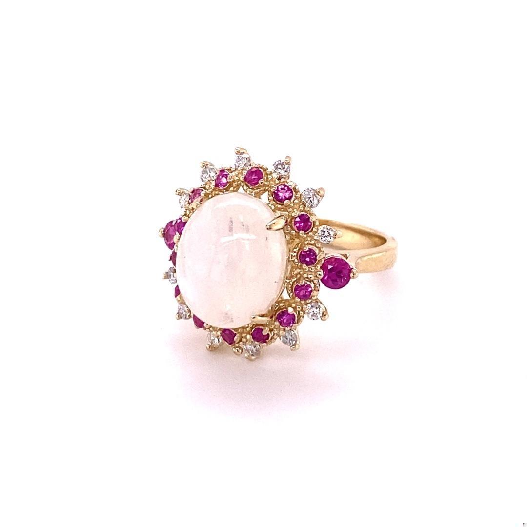 5.58 Carat Natural Moonstone Pink Sapphire Diamond Yellow Gold Cocktail Ring