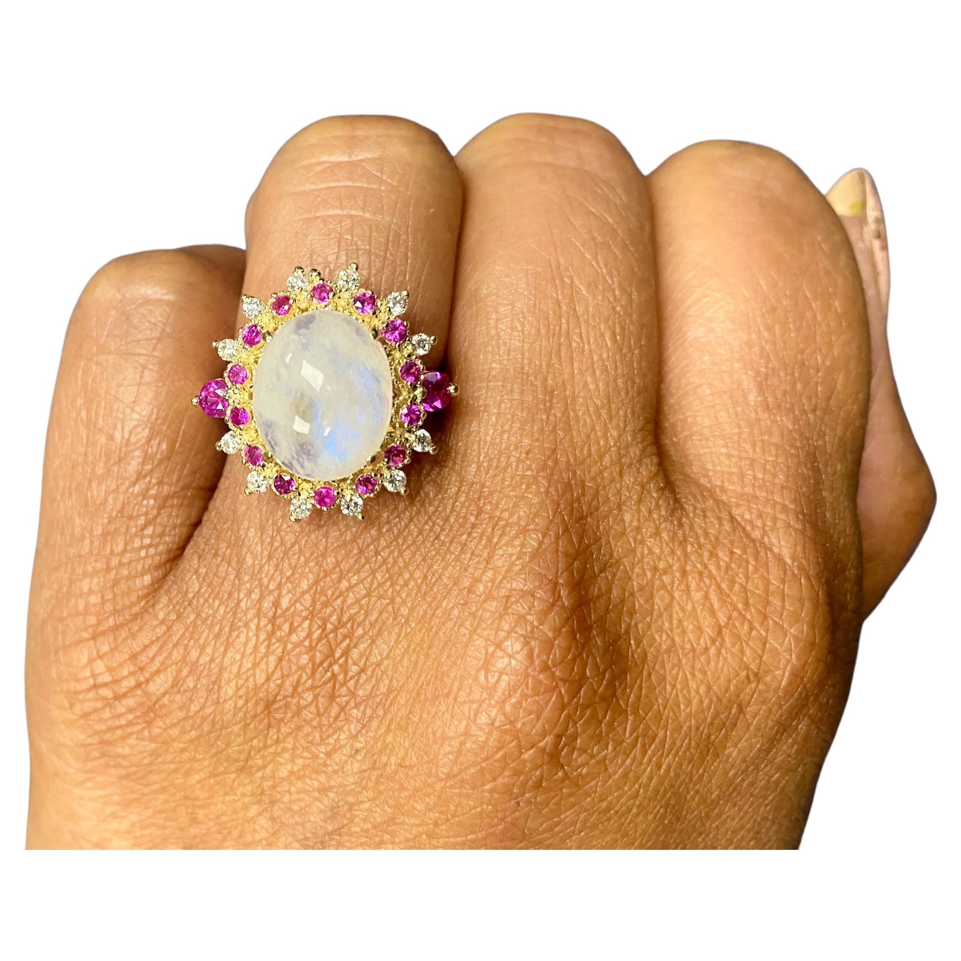 5.58 Carat Natural Moonstone Pink Sapphire Diamond Yellow Gold Cocktail Ring