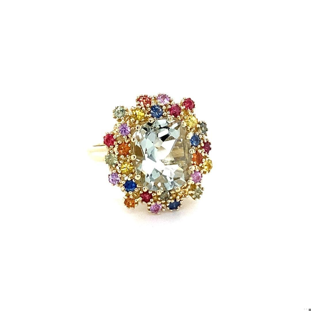 5.98 Carat Amethyst Multicolor Sapphires Yellow Gold Cluster Ring