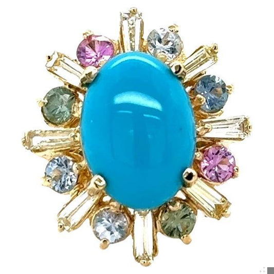 6.90 Carat Turquoise Diamond Sapphire Yellow Gold Cocktail Ring