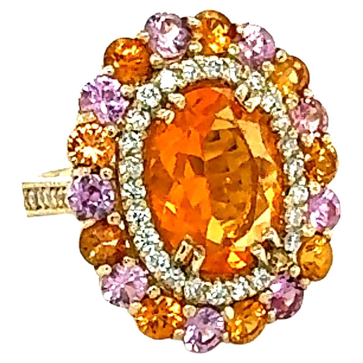 6.93 Ct Natural Fire Opal, Sapphire, Diamond Yellow Gold Cocktail Ring