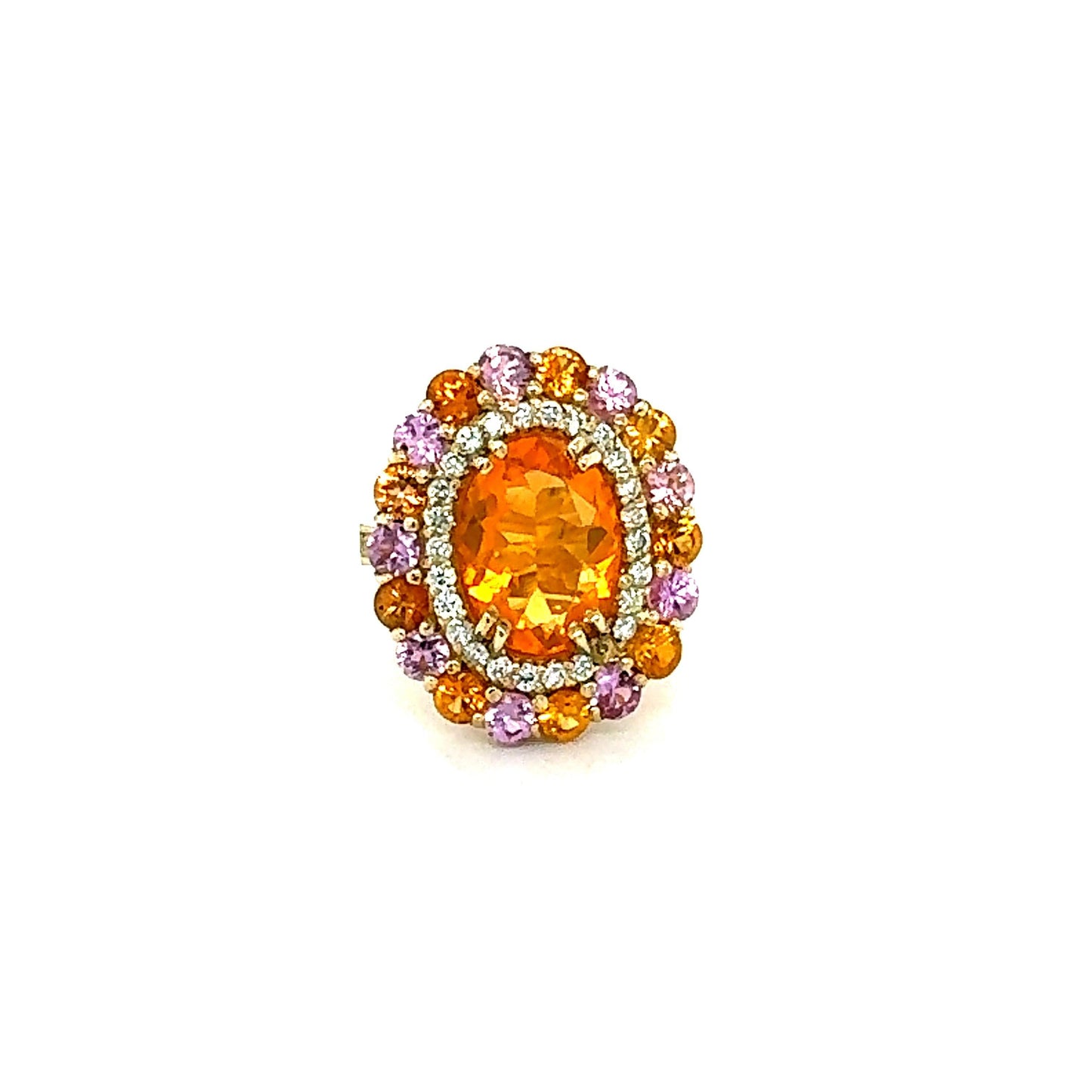 6.93 Ct Natural Fire Opal, Sapphire, Diamond Yellow Gold Cocktail Ring