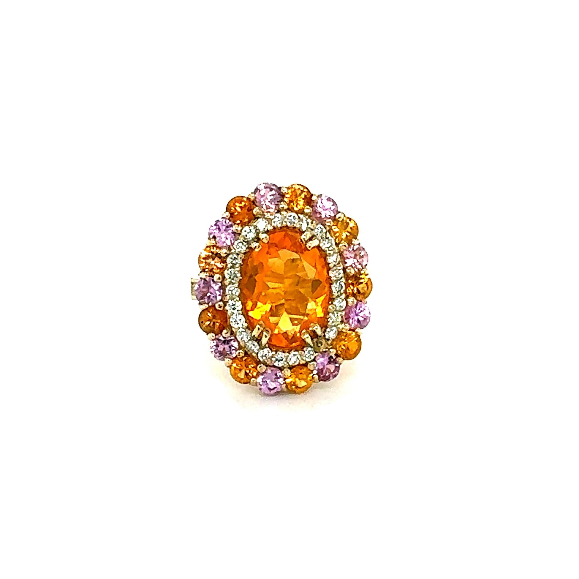 6.93 Ct Natural Fire Opal, Sapphire, Diamond Yellow Gold Cocktail Ring