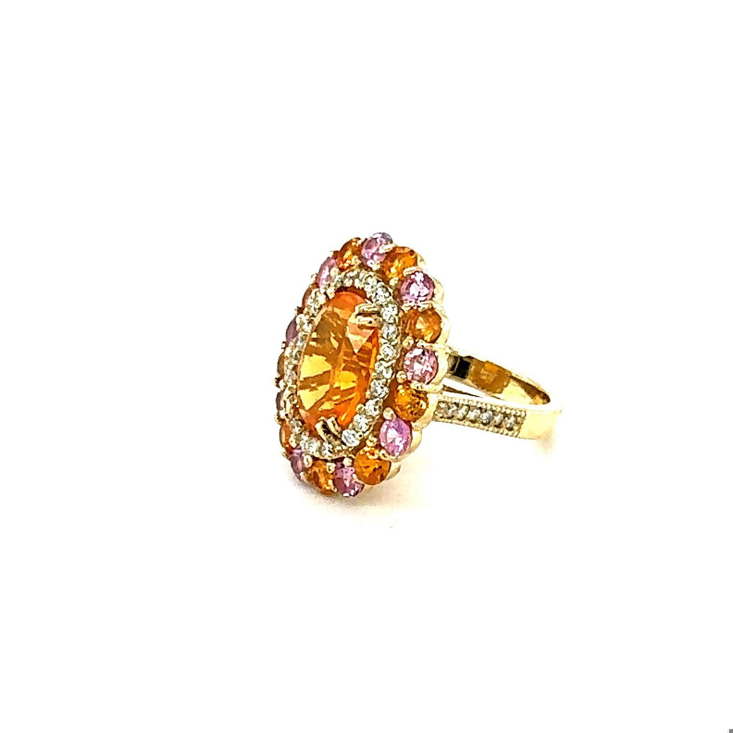 6.93 Ct Natural Fire Opal, Sapphire, Diamond Yellow Gold Cocktail Ring