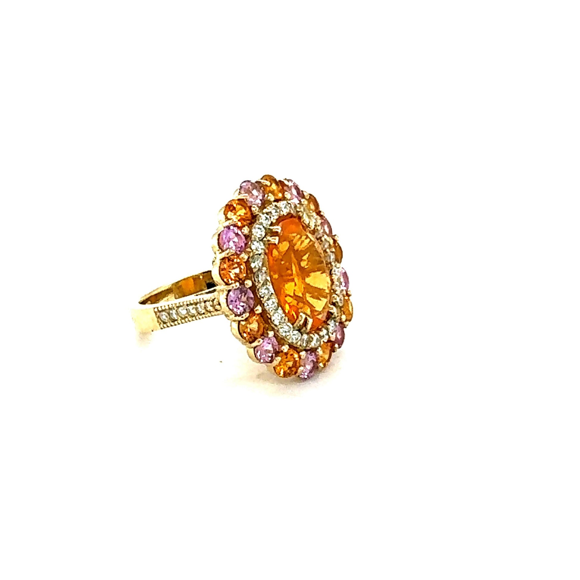 6.93 Ct Natural Fire Opal, Sapphire, Diamond Yellow Gold Cocktail Ring