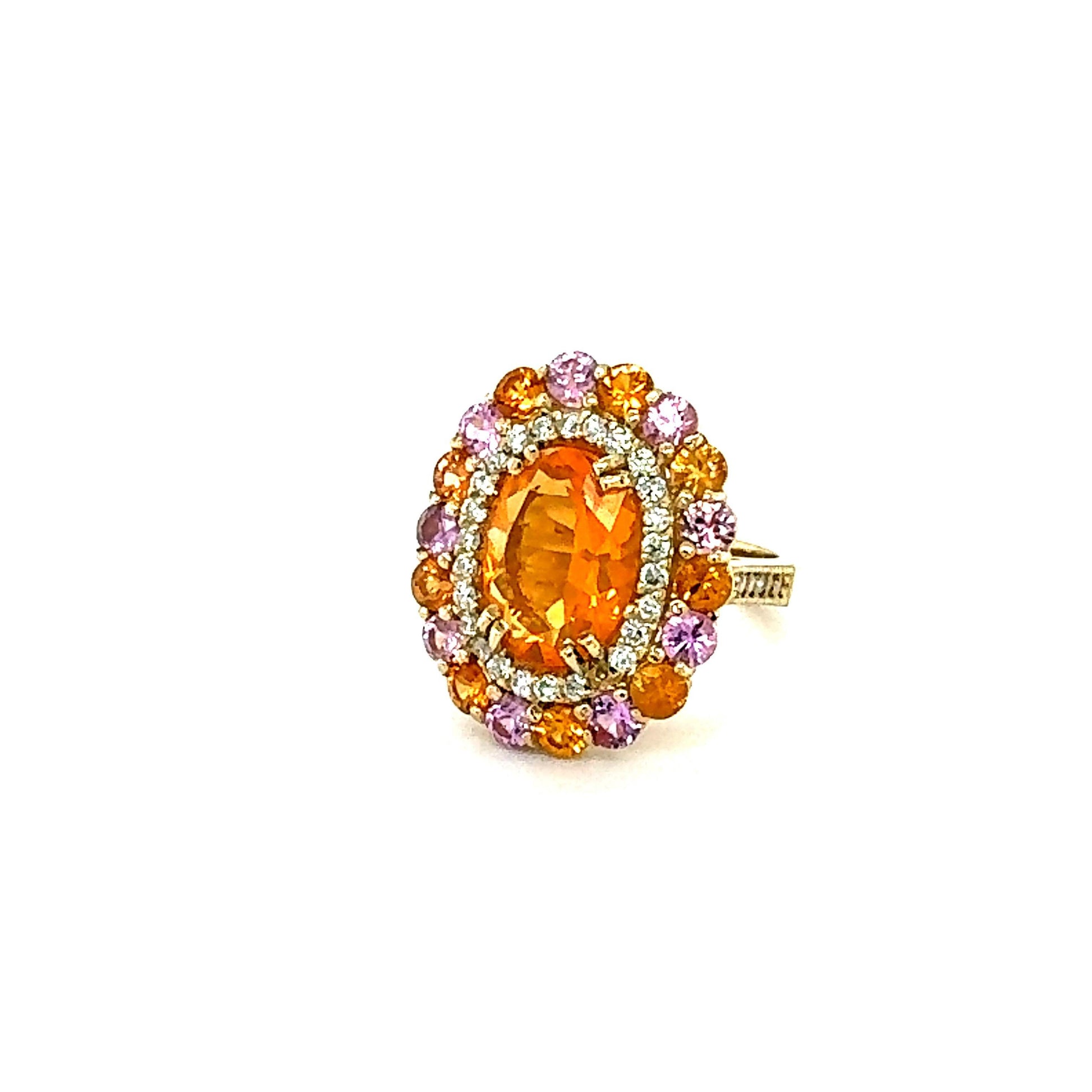 6.93 Ct Natural Fire Opal, Sapphire, Diamond Yellow Gold Cocktail Ring