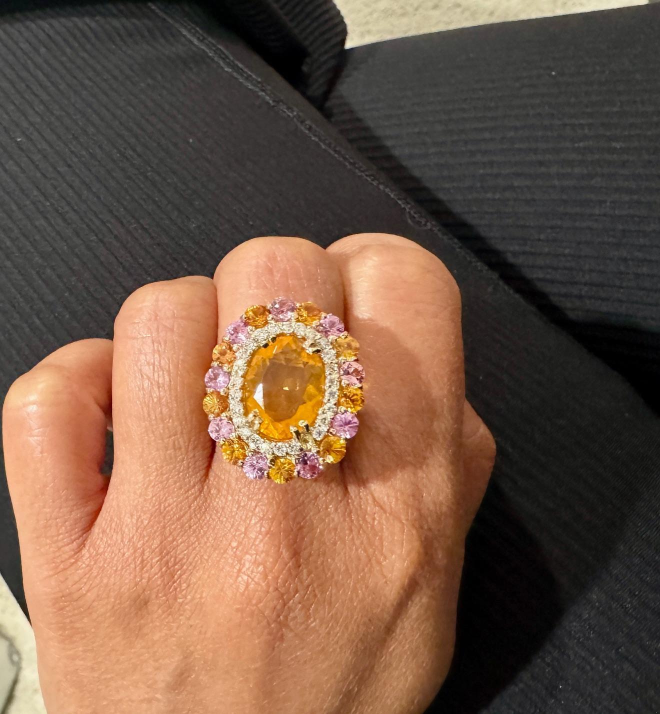 6.93 Ct Natural Fire Opal, Sapphire, Diamond Yellow Gold Cocktail Ring