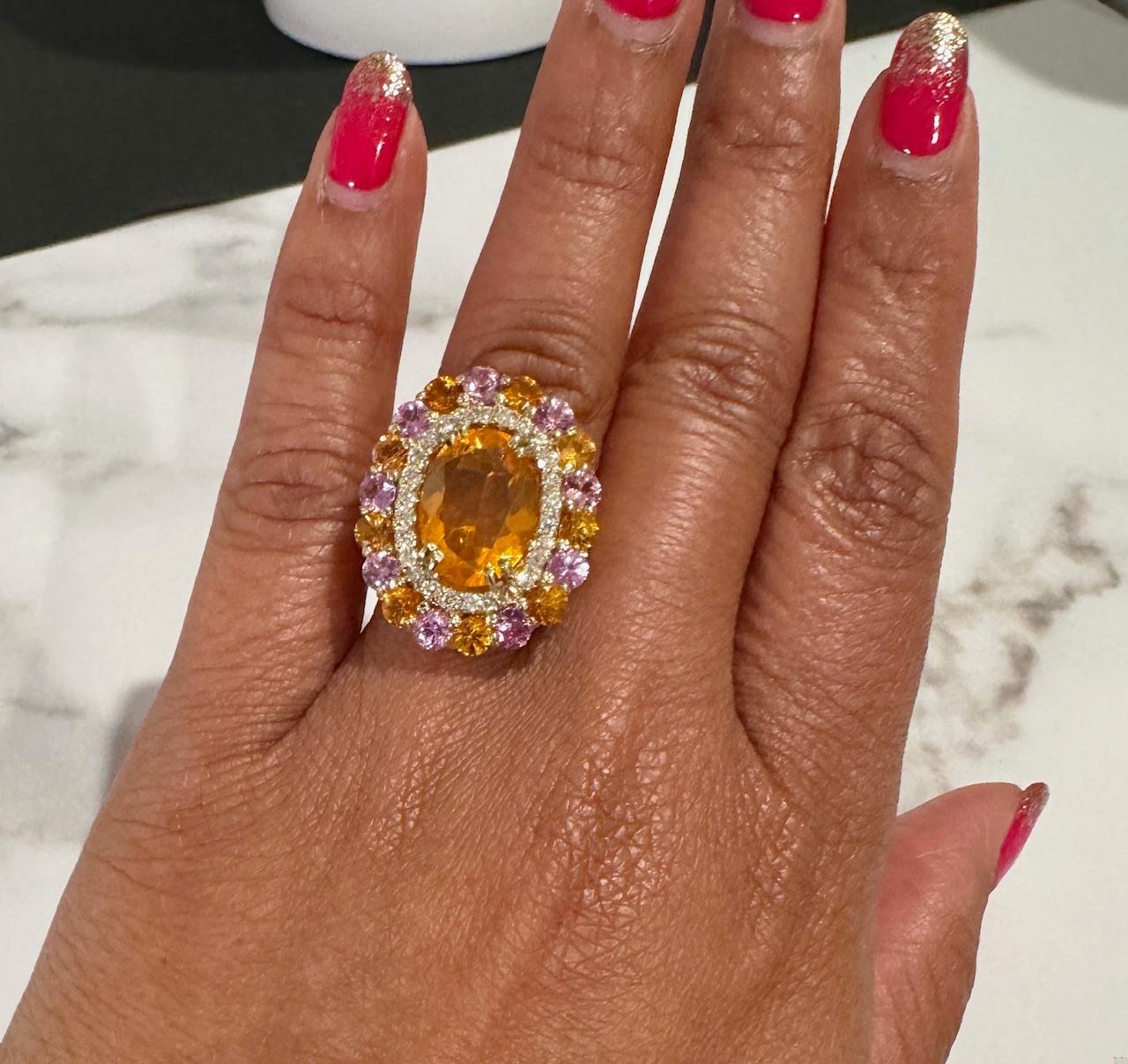 6.93 Ct Natural Fire Opal, Sapphire, Diamond Yellow Gold Cocktail Ring