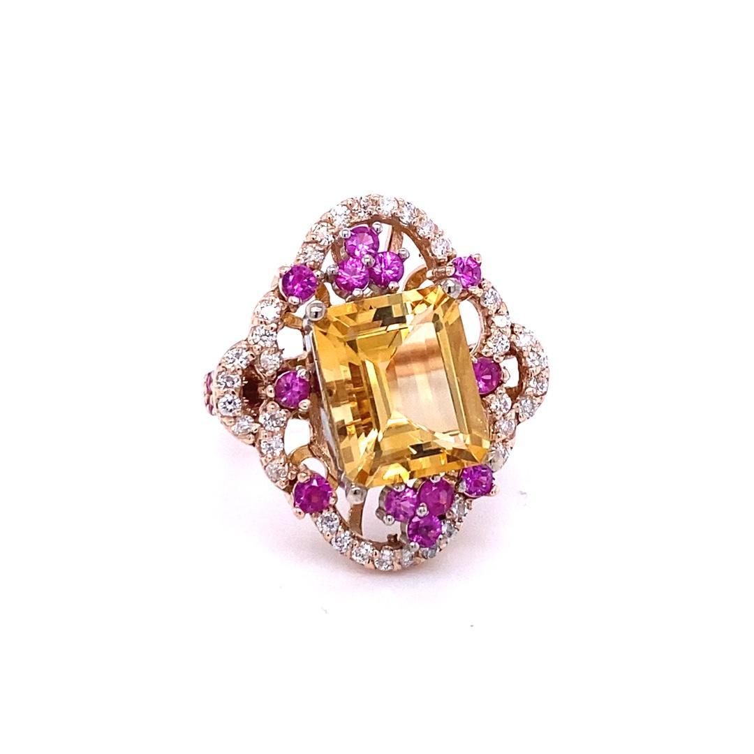 7.25 Carat Citrine Sapphire Diamond Rose Gold Cocktail Ring