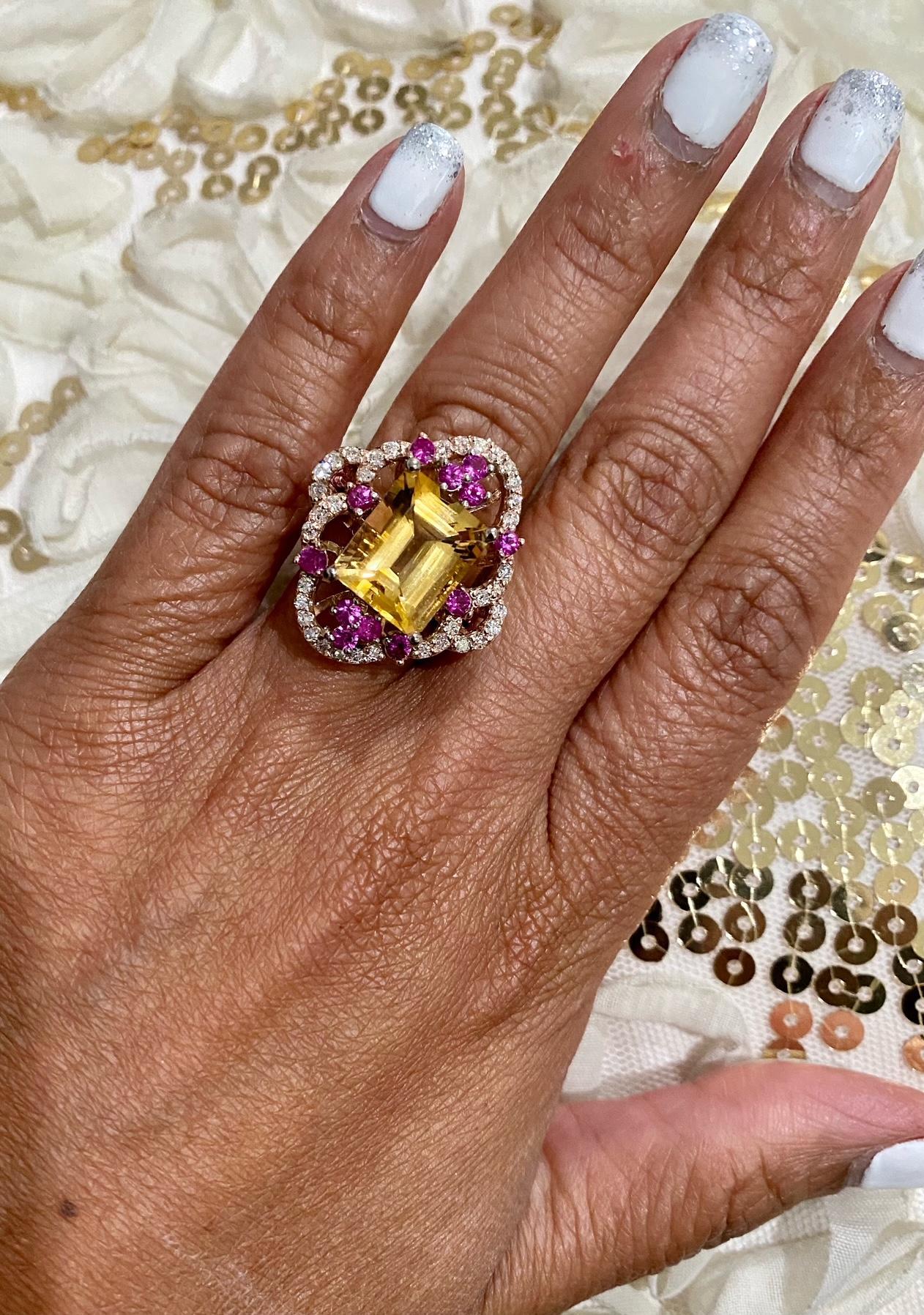 7.25 Carat Citrine Sapphire Diamond Rose Gold Cocktail Ring