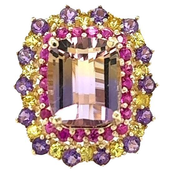 7.88 Carat Ametrine Sapphire Diamond Yellow Gold Cocktail Ring