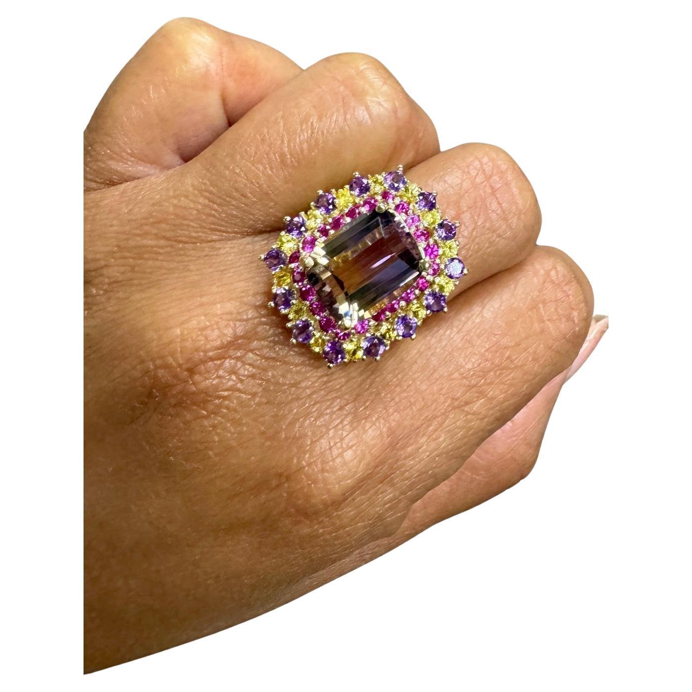 7.88 Carat Ametrine Sapphire Diamond Yellow Gold Cocktail Ring