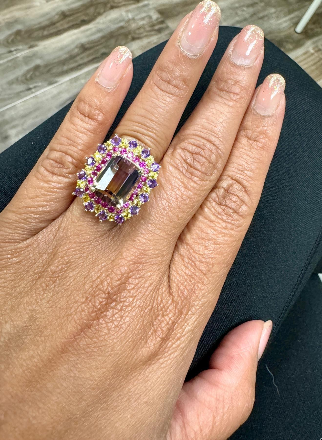 7.88 Carat Ametrine Sapphire Diamond Yellow Gold Cocktail Ring