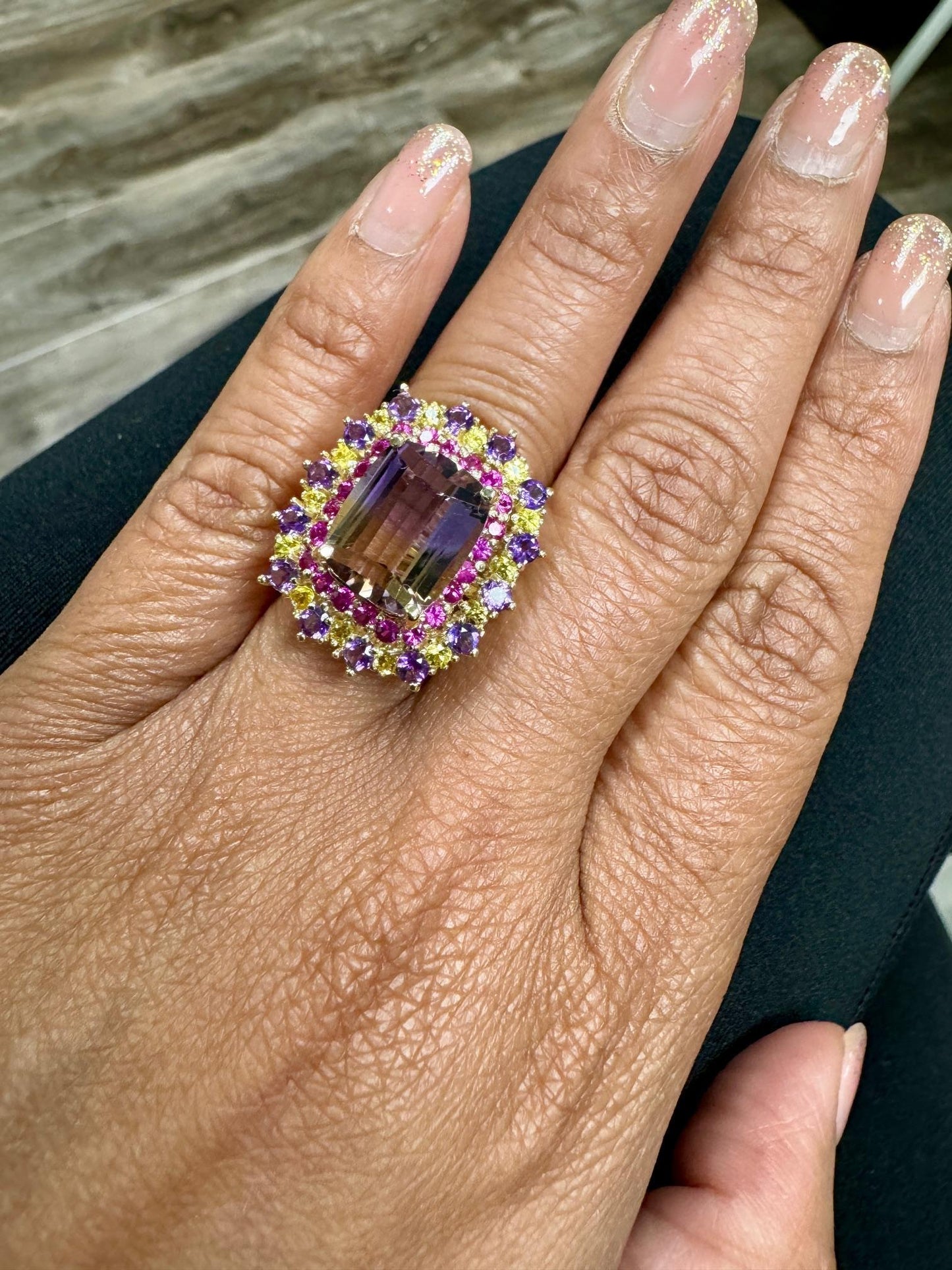 7.88 Carat Ametrine Sapphire Diamond Yellow Gold Cocktail Ring