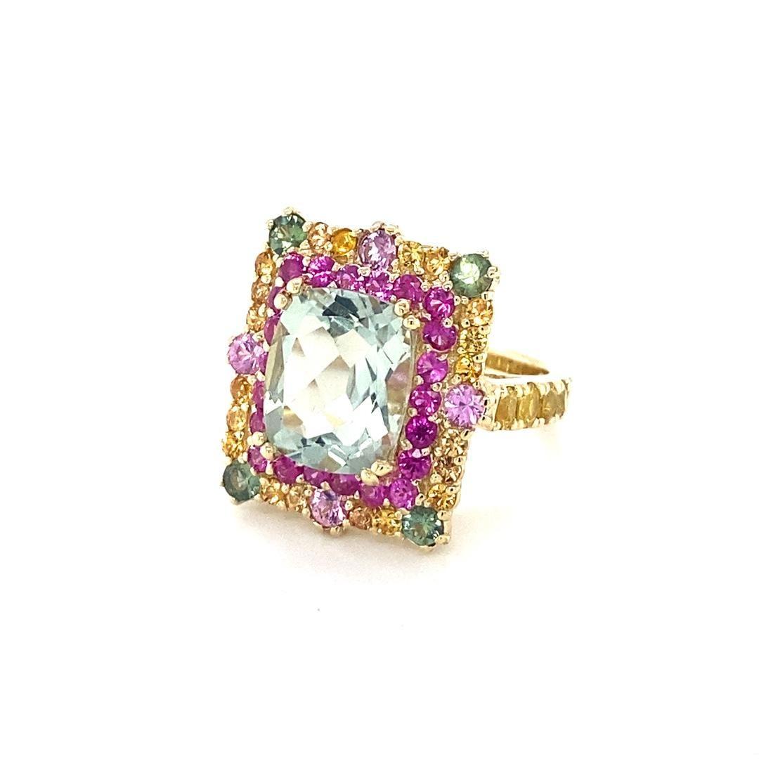 8.00 Carat Green Amethyst Multi-Color Sapphires Yellow Gold Cocktail Ring