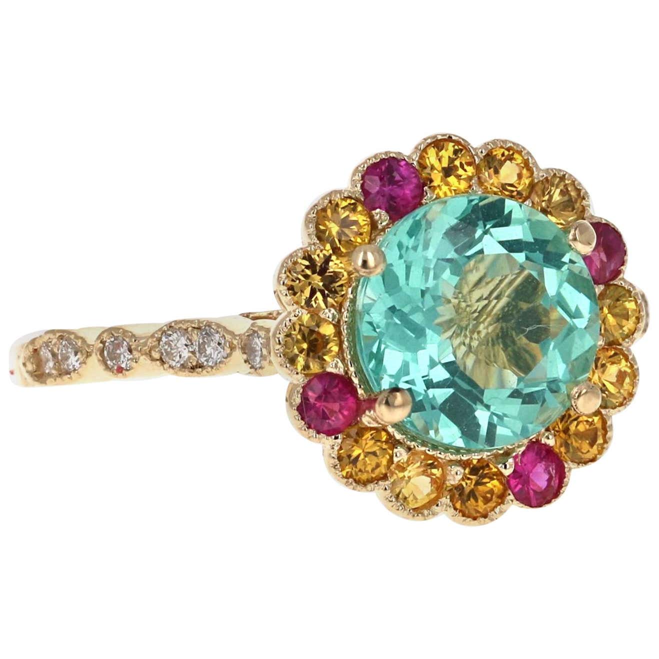 2.99 Carat Round Cut Apatite Sapphire Diamond 14 Karat Yellow Gold Ring