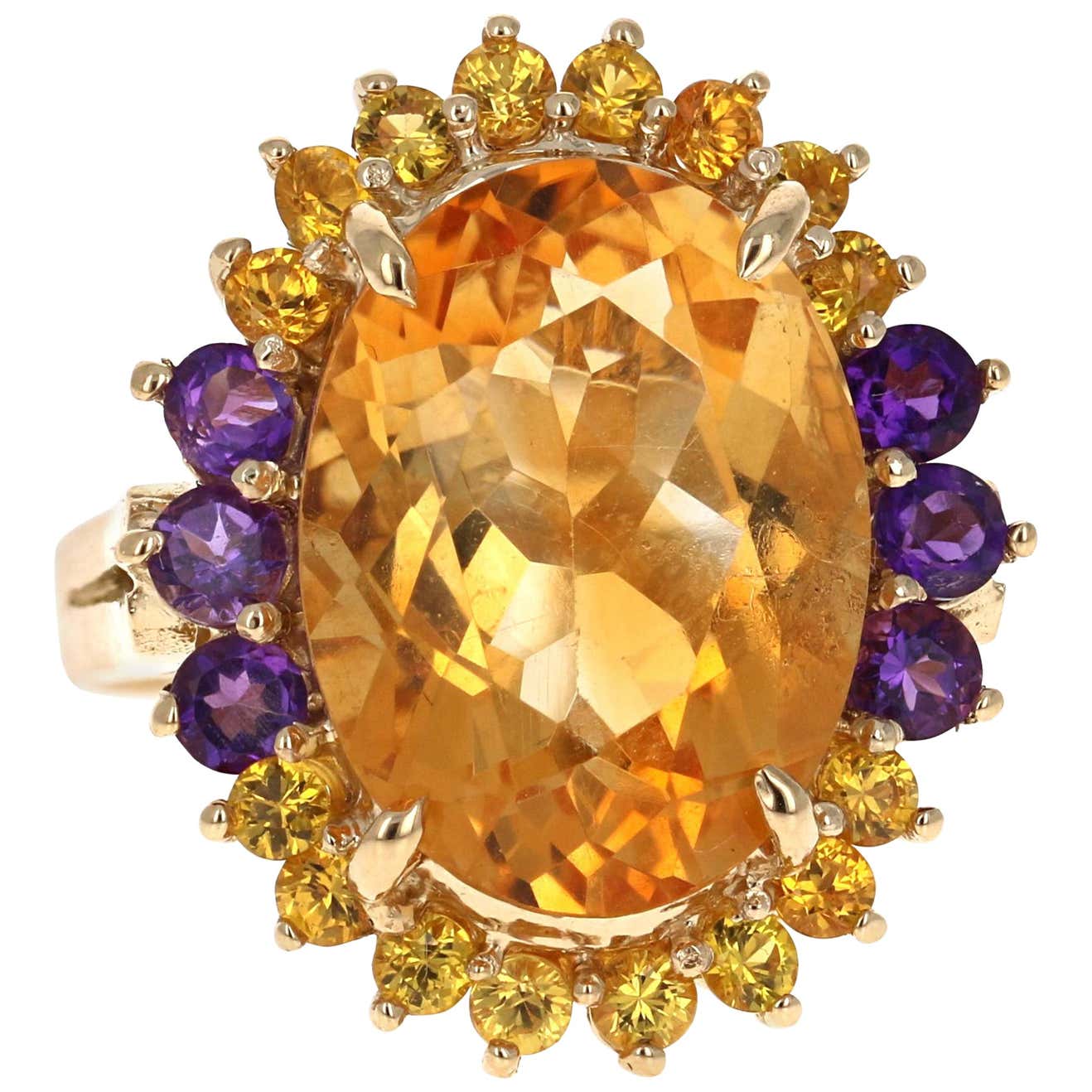 9.80 Carat Oval Cut Citrine Amethyst 14 Karat Yellow Gold Cocktail Ring