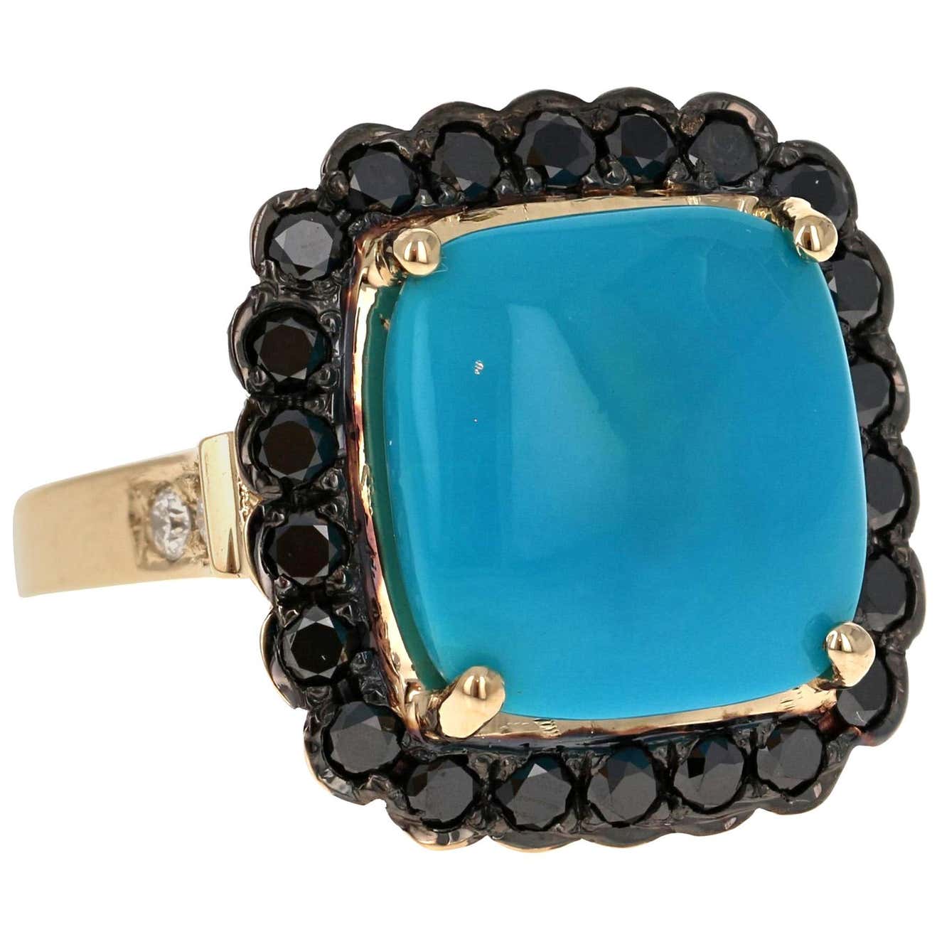 10.94 Carat Turquoise Black Diamond 14 Karat Yellow Gold Cocktail Ring