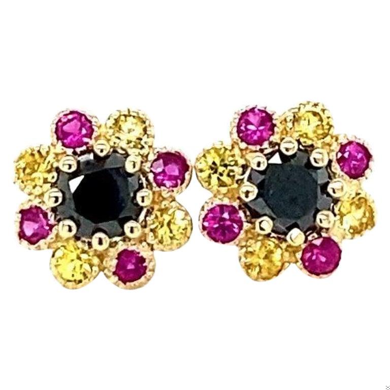 Black Diamond and Sapphire Yellow Gold Stud Earrings