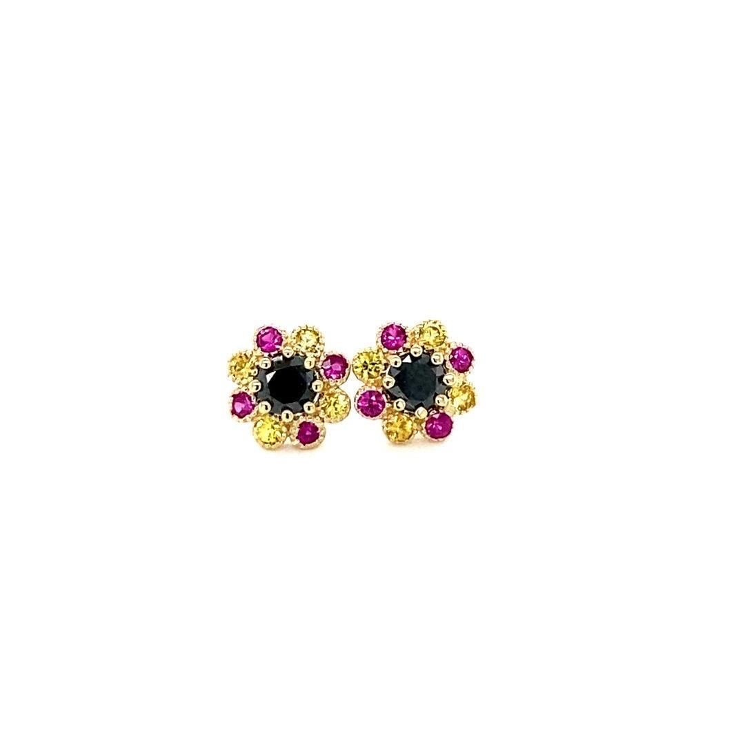 Black Diamond and Sapphire Yellow Gold Stud Earrings