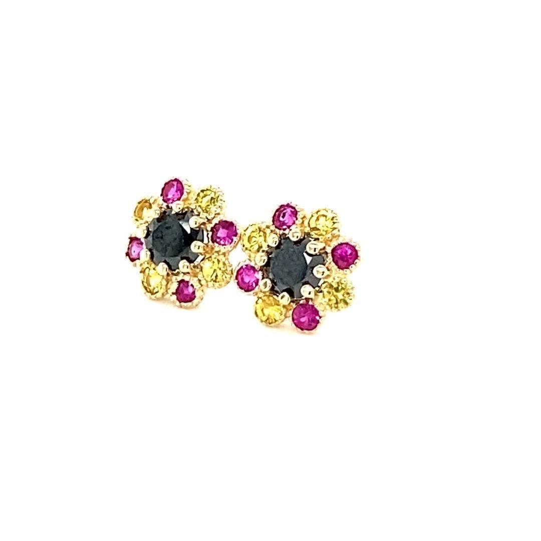 Black Diamond and Sapphire Yellow Gold Stud Earrings