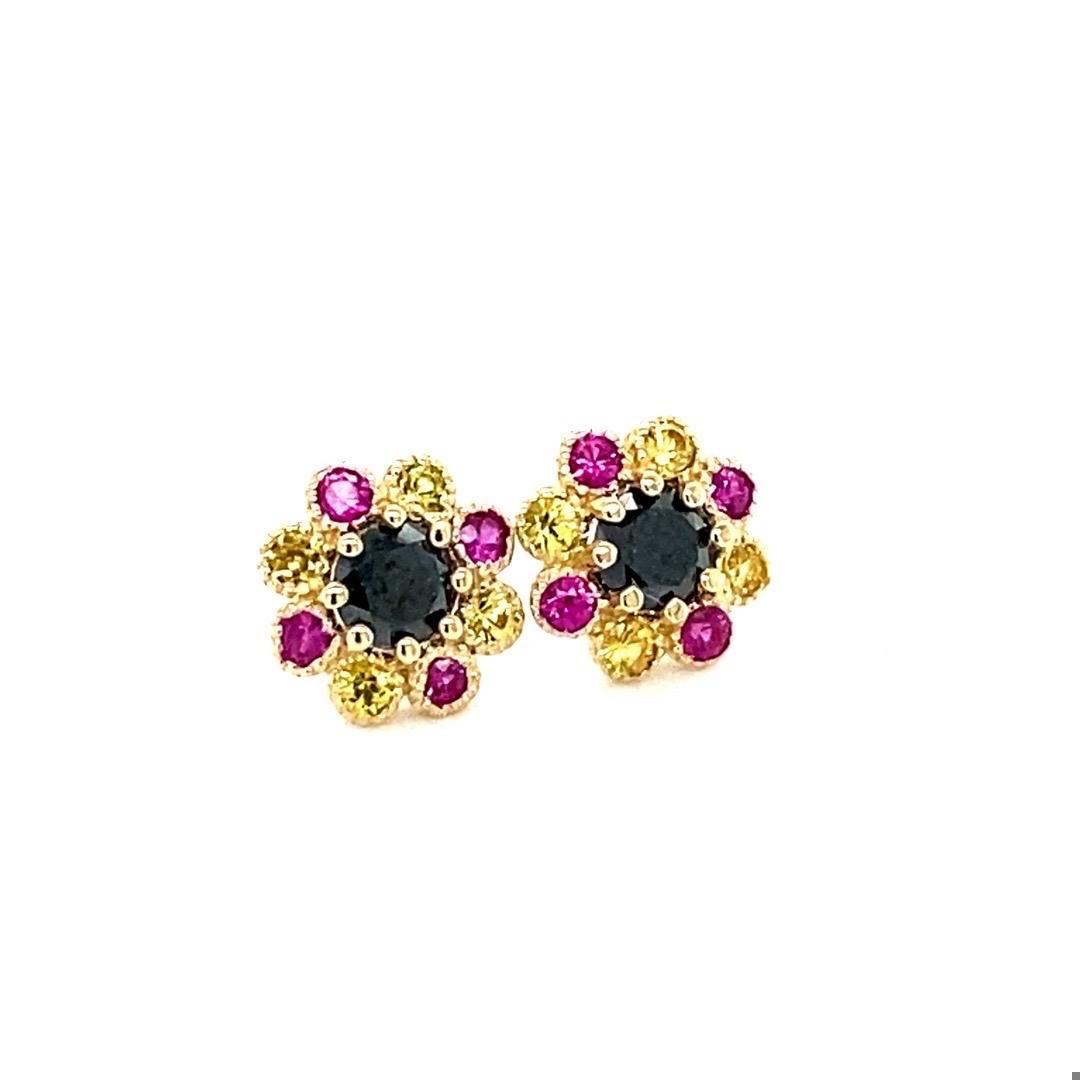 Black Diamond and Sapphire Yellow Gold Stud Earrings