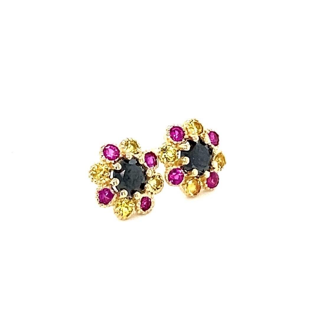 Black Diamond and Sapphire Yellow Gold Stud Earrings