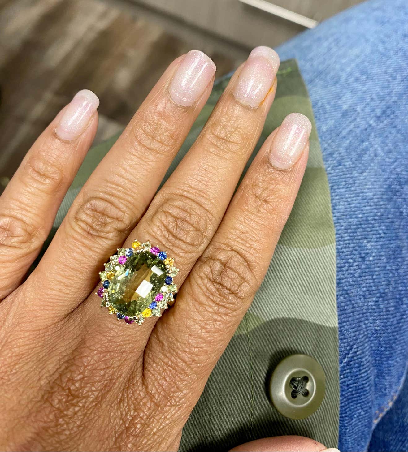 7.42 Carat Tourmaline MultiSapphire 14K Yellow Gold Cocktail Ring