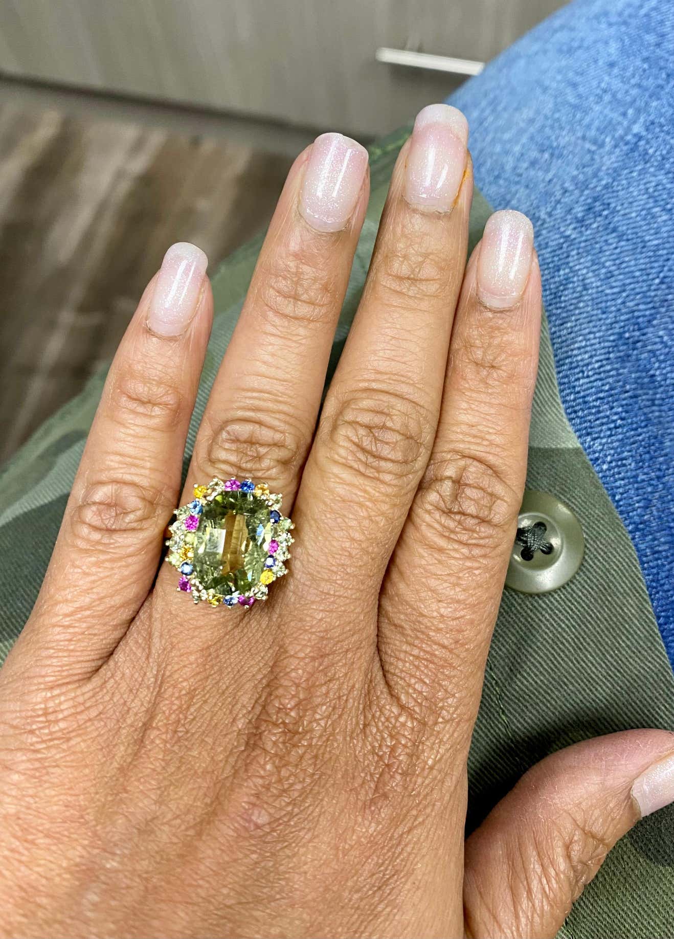 7.42 Carat Tourmaline MultiSapphire 14K Yellow Gold Cocktail Ring