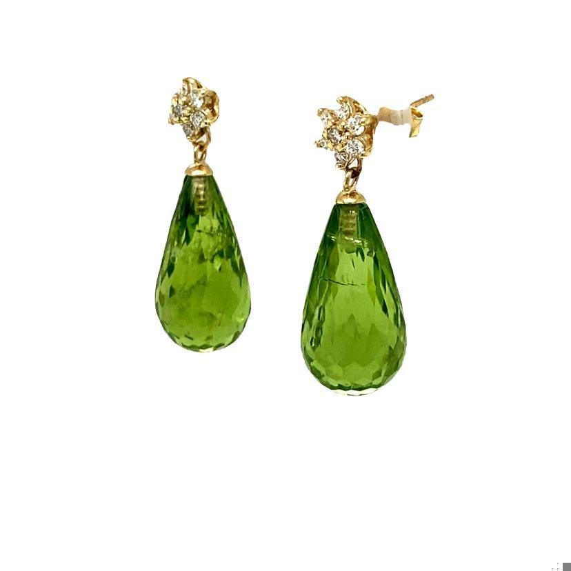 Natural Peridot Diamond Yellow Gold Drop Earrings