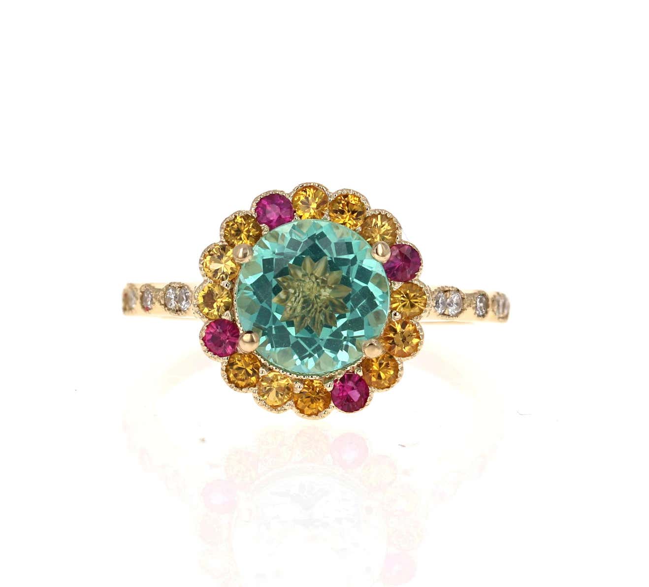 2.99 Carat Round Cut Apatite Sapphire Diamond 14 Karat Yellow Gold Ring