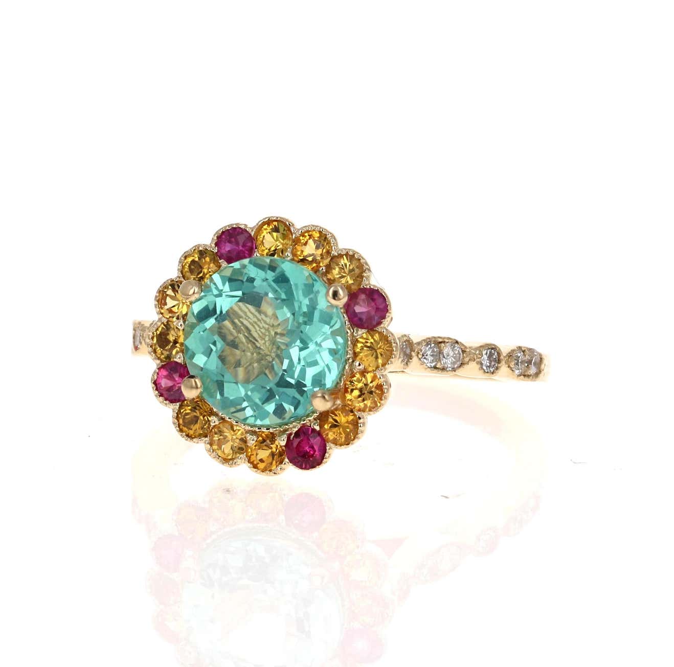 2.99 Carat Round Cut Apatite Sapphire Diamond 14 Karat Yellow Gold Ring
