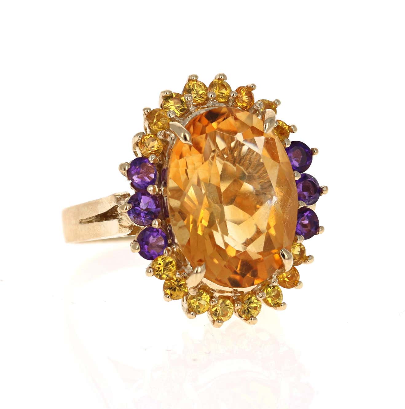 9.80 Carat Oval Cut Citrine Amethyst 14 Karat Yellow Gold Cocktail Ring