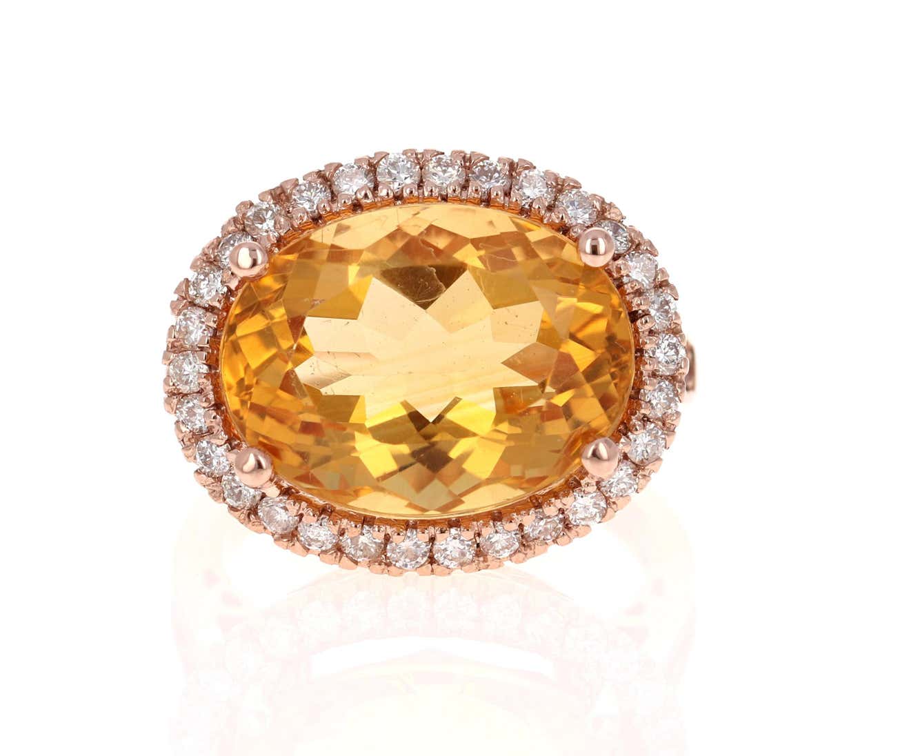 10.74 Carat Oval Cut Citrine Diamond 14 Karat Rose Gold Ring