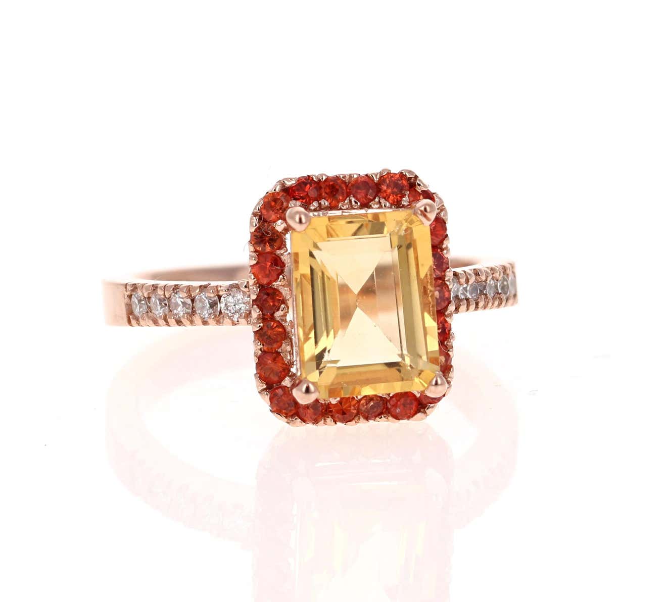 2.91 Carat Emerald Cut Citrine, Sapphire Diamond 14 Karat Gold Engagement Ring