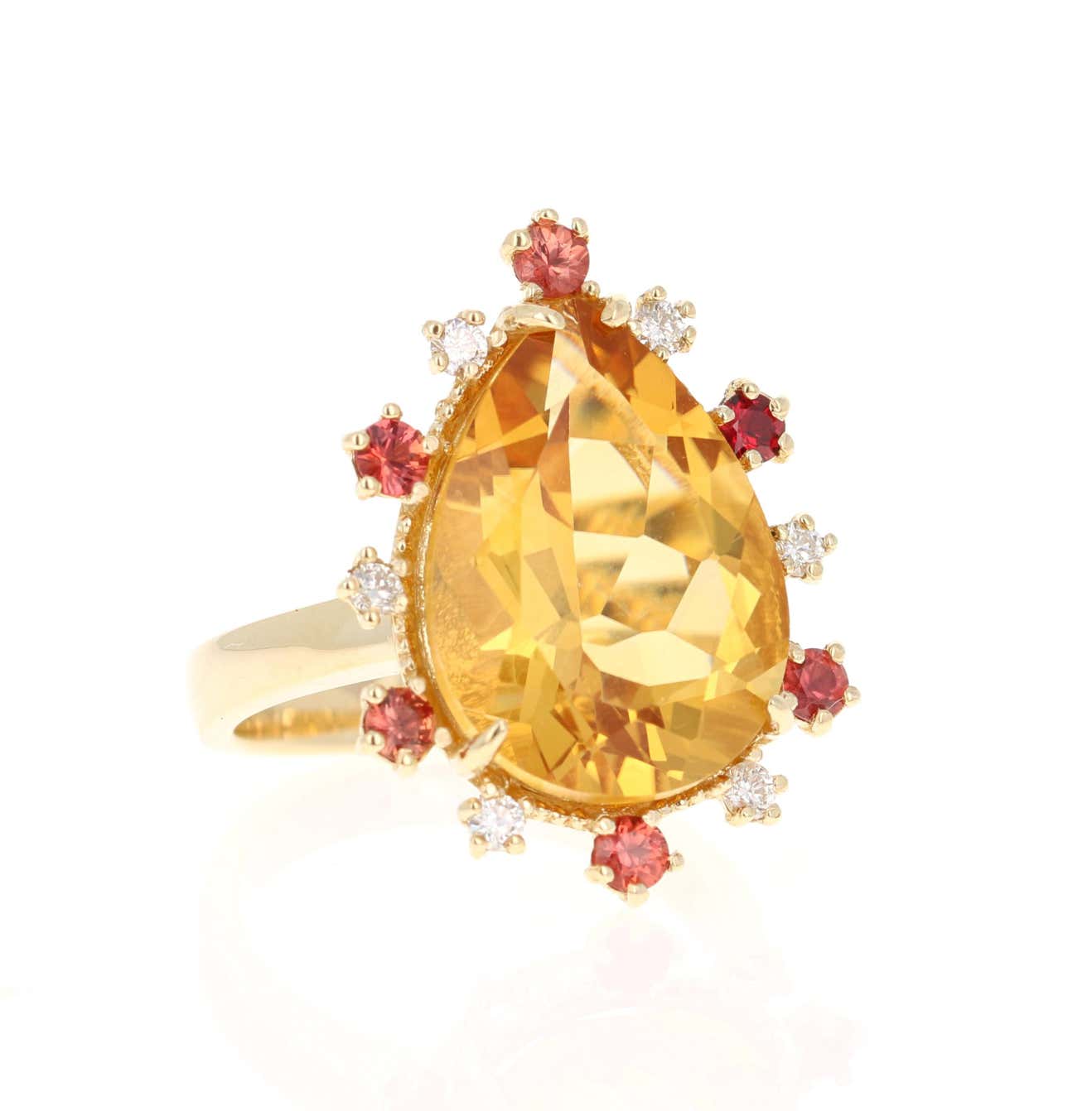 11.09 Carat Pear Cut Citrine Sapphire Diamond 14 Karat Yellow Gold Ring