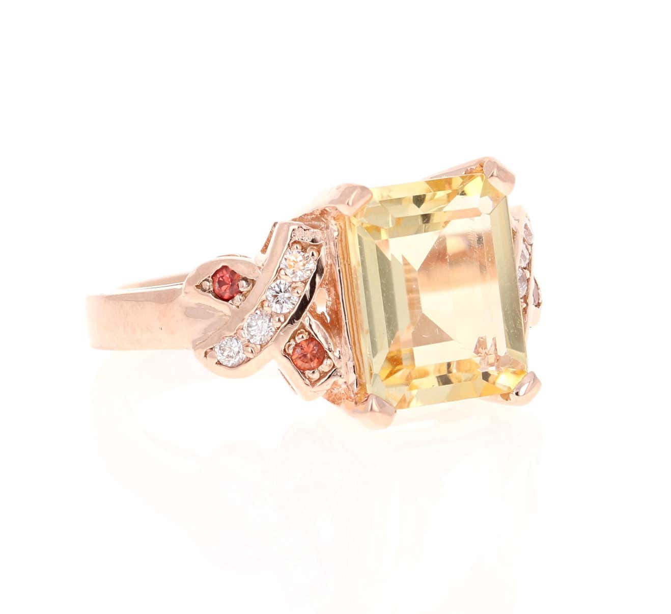 3.93 Carat Emerald Cut Citrine, Sapphire and Diamond 14 Karat Rose Gold Ring