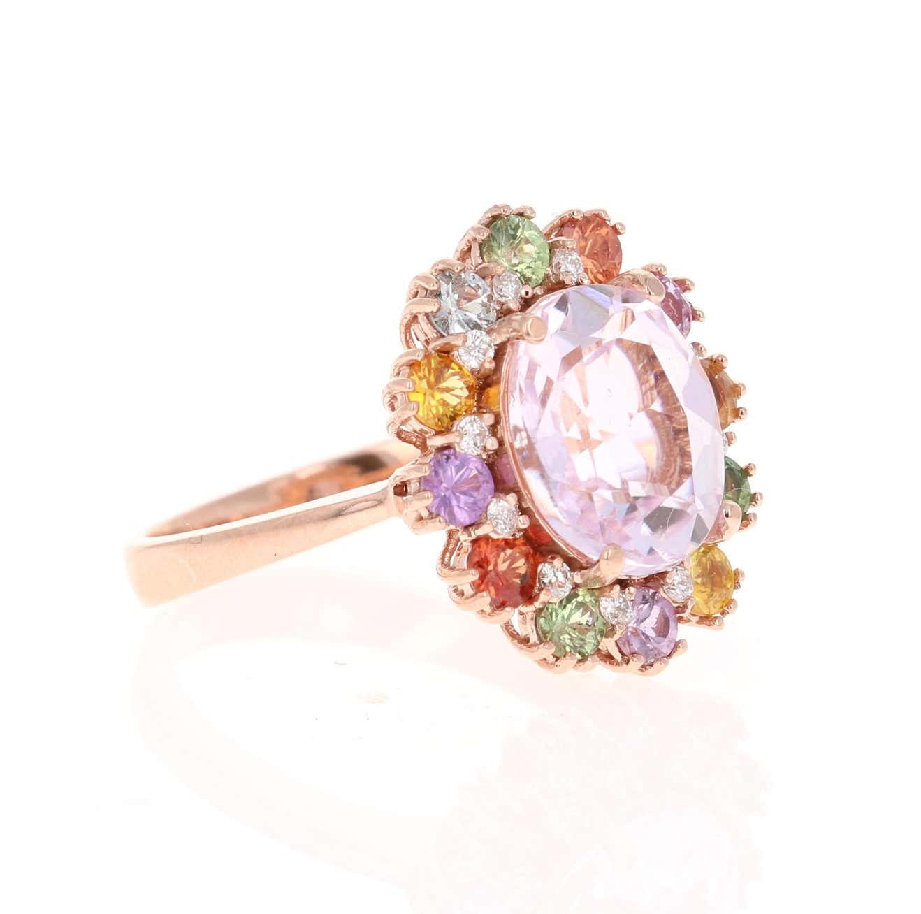 5.60 Carat Kunzite Sapphire Diamond 14 Karat Rose Gold Cocktail Ring