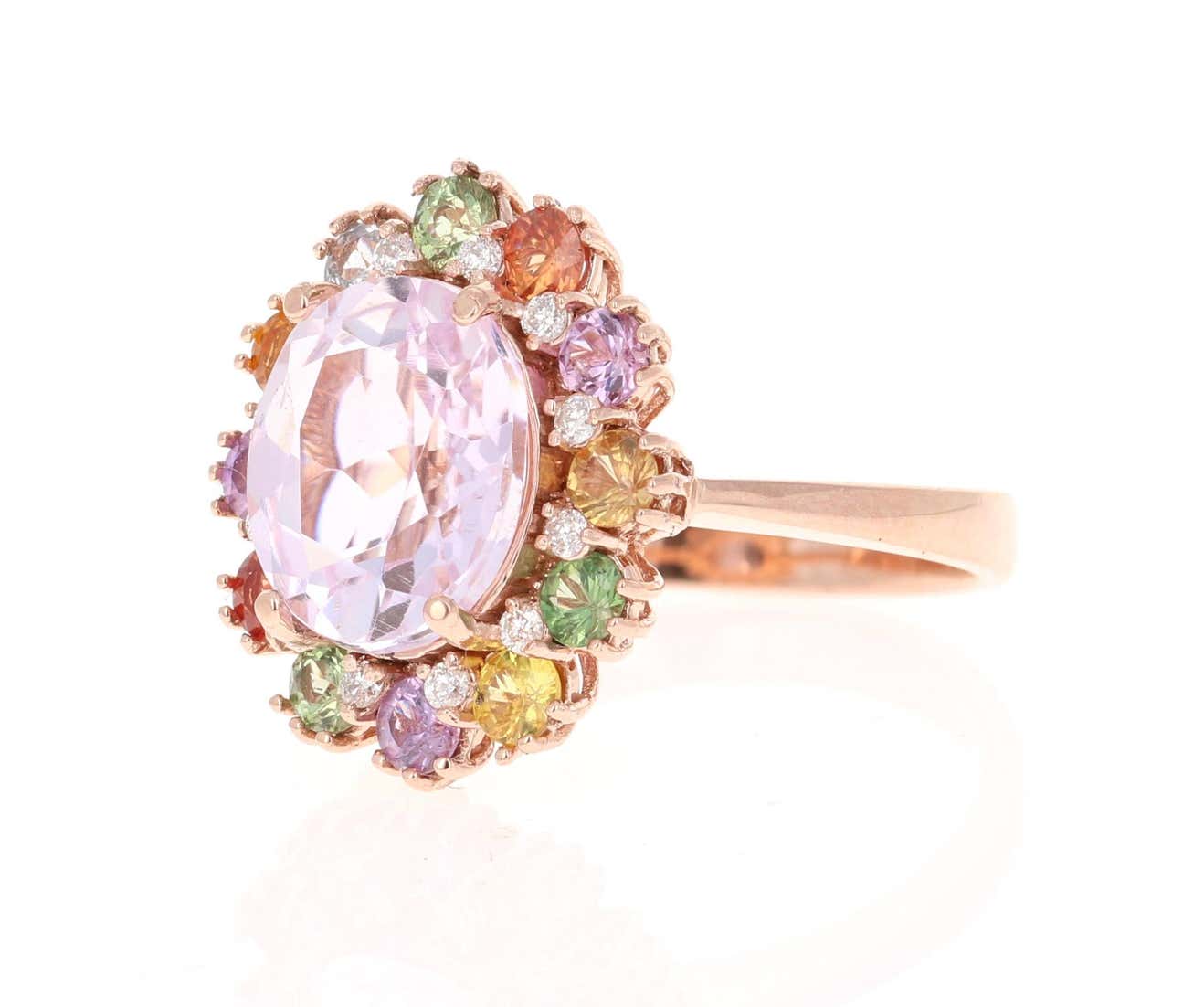5.60 Carat Kunzite Sapphire Diamond 14 Karat Rose Gold Cocktail Ring