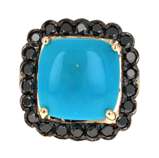 10.94 Carat Turquoise Black Diamond 14 Karat Yellow Gold Cocktail Ring