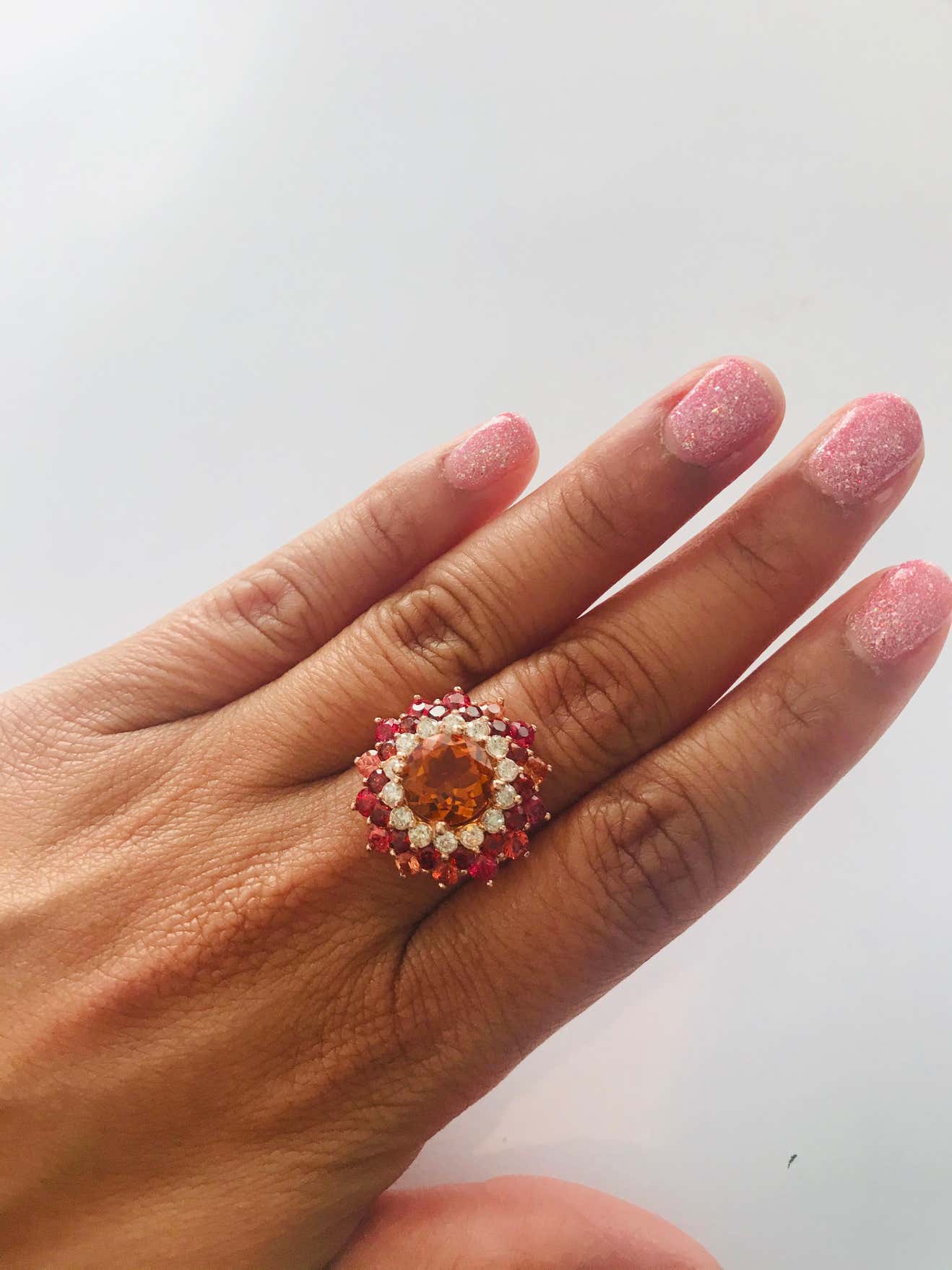 8.81 Carat Sapphire Citrine Garnet and Diamond 14 Karat Rose Gold Cocktail Ring