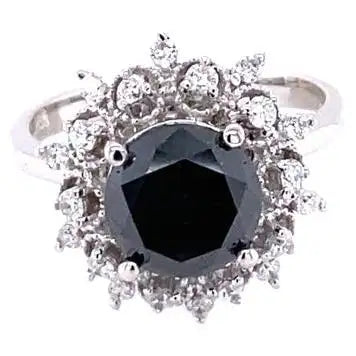 3.06 Carat Round Cut Black Diamond 14K White Gold Bridal Ring