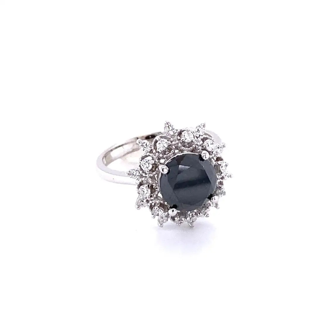 3.06 Carat Round Cut Black Diamond 14K White Gold Bridal Ring