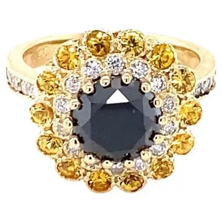 3.90 Carat Natural Black Diamond Sapphire 14 Karat Yellow Gold Ring