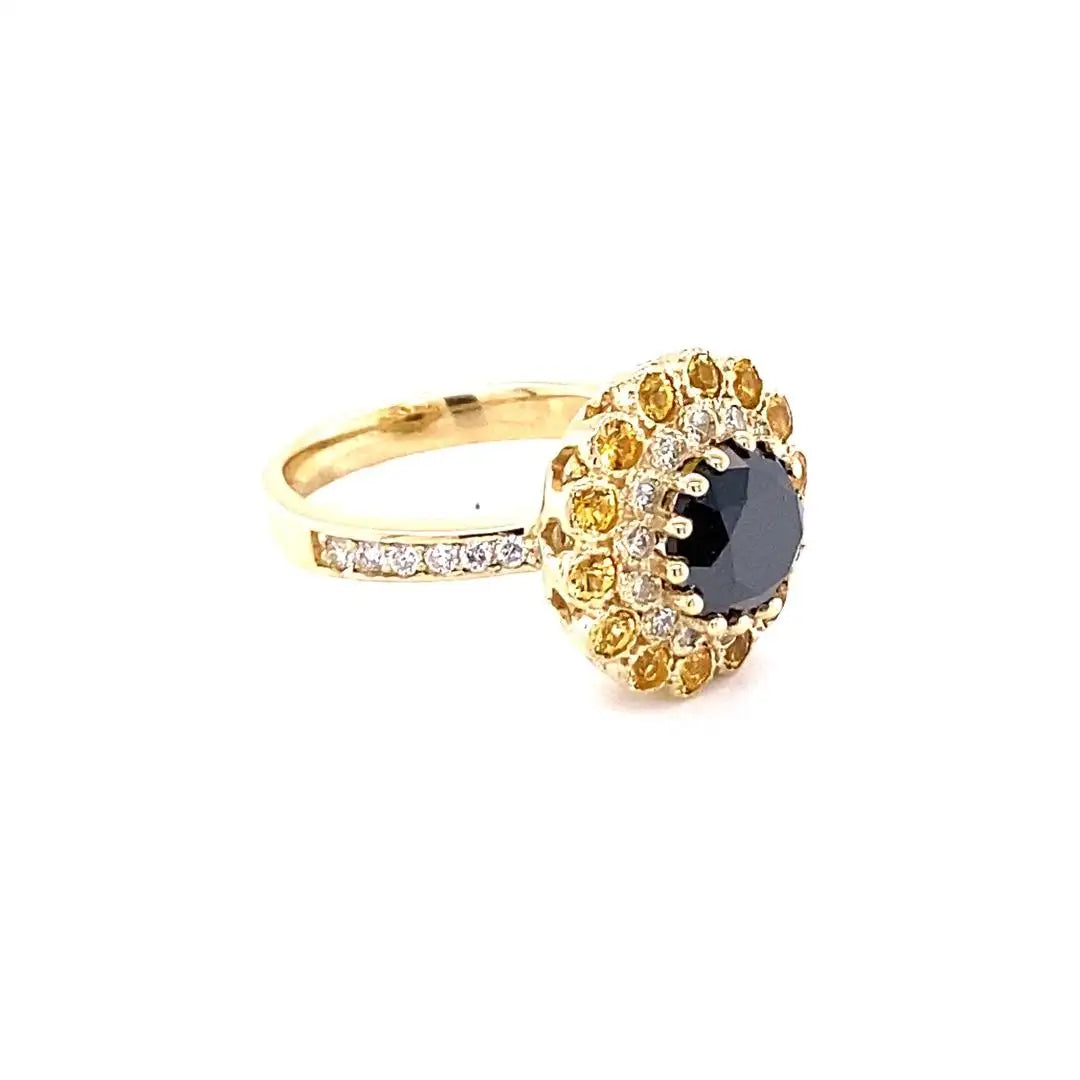 3.90 Carat Natural Black Diamond Sapphire 14 Karat Yellow Gold Ring