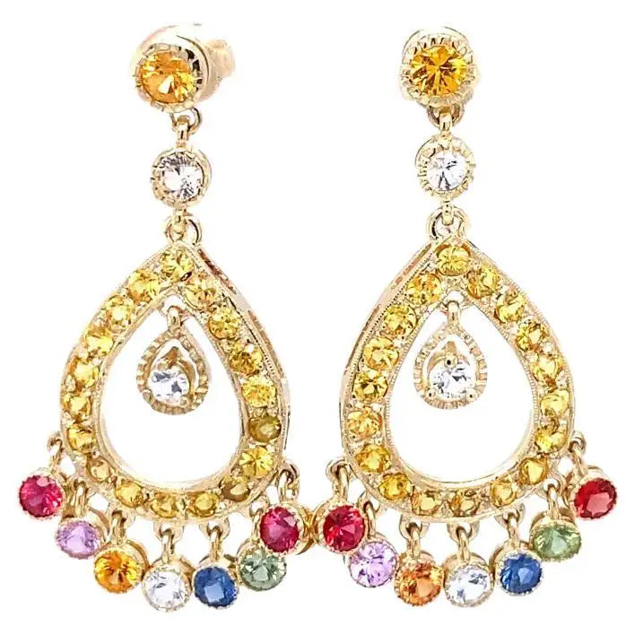 5.21 Carat MultiColor Sapphire 14 Karat Yellow Gold Chandelier Earrings