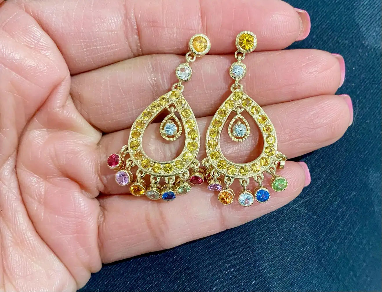 5.21 Carat MultiColor Sapphire 14 Karat Yellow Gold Chandelier Earrings