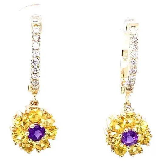 1.57 Ct Sapphire. Amethyst, Diamond 14 K Yellow Gold Earrings