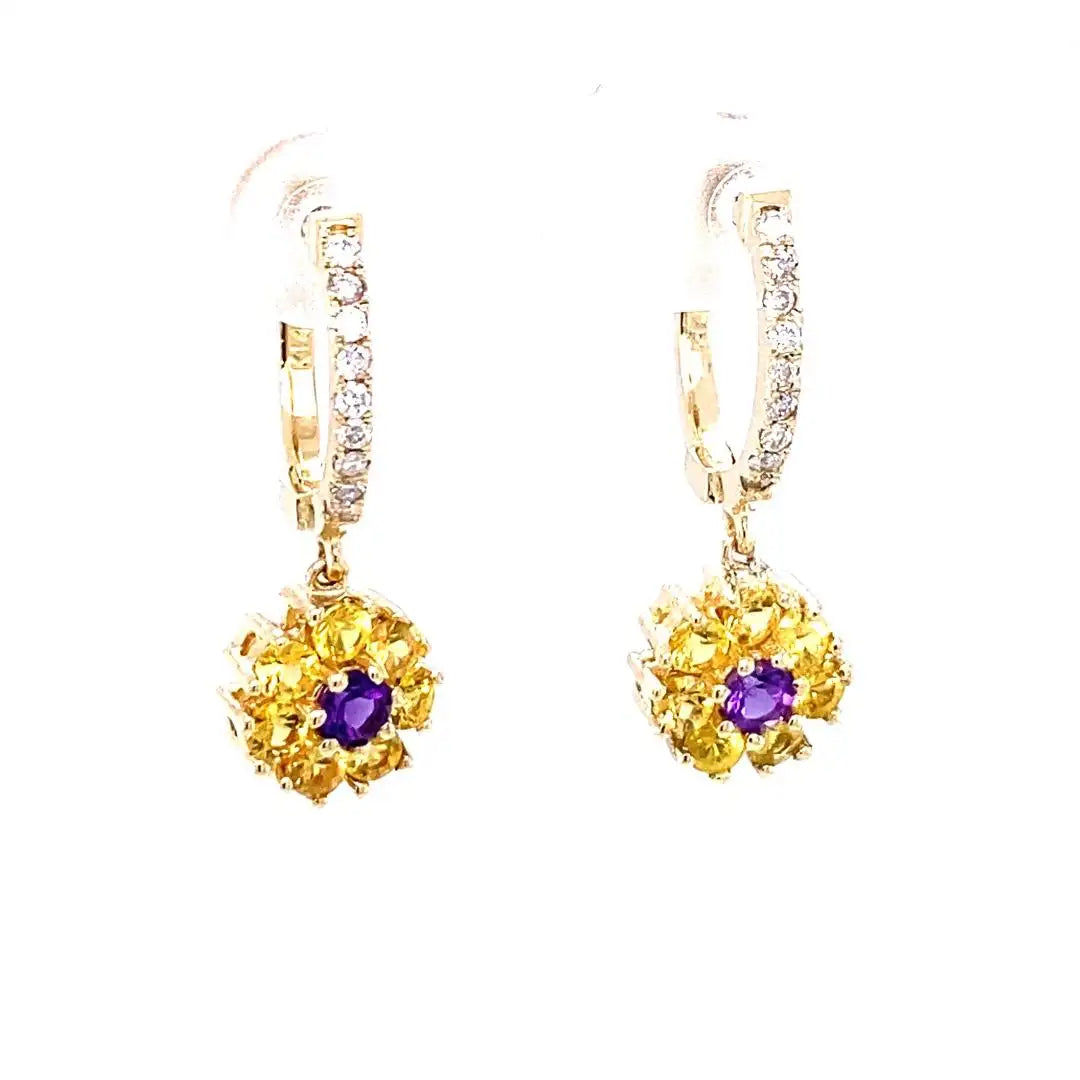 1.57 Ct Sapphire. Amethyst, Diamond 14 K Yellow Gold Earrings